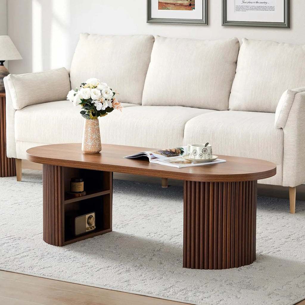 AVZEAR Oval Fluted Coffee Table for Living Room, Mid Century Modern Coffee Table with Storage, Curved Round Wooden Center Table