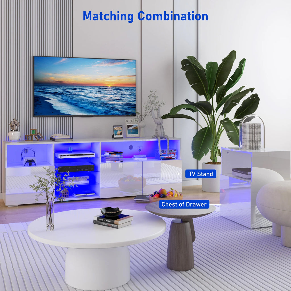 79" LED TV Stand for 75/80/85" TV,  High Gloss TV Cabinet w/Adjustable Storage Shelf, Modern Entertainment Center, White/Black