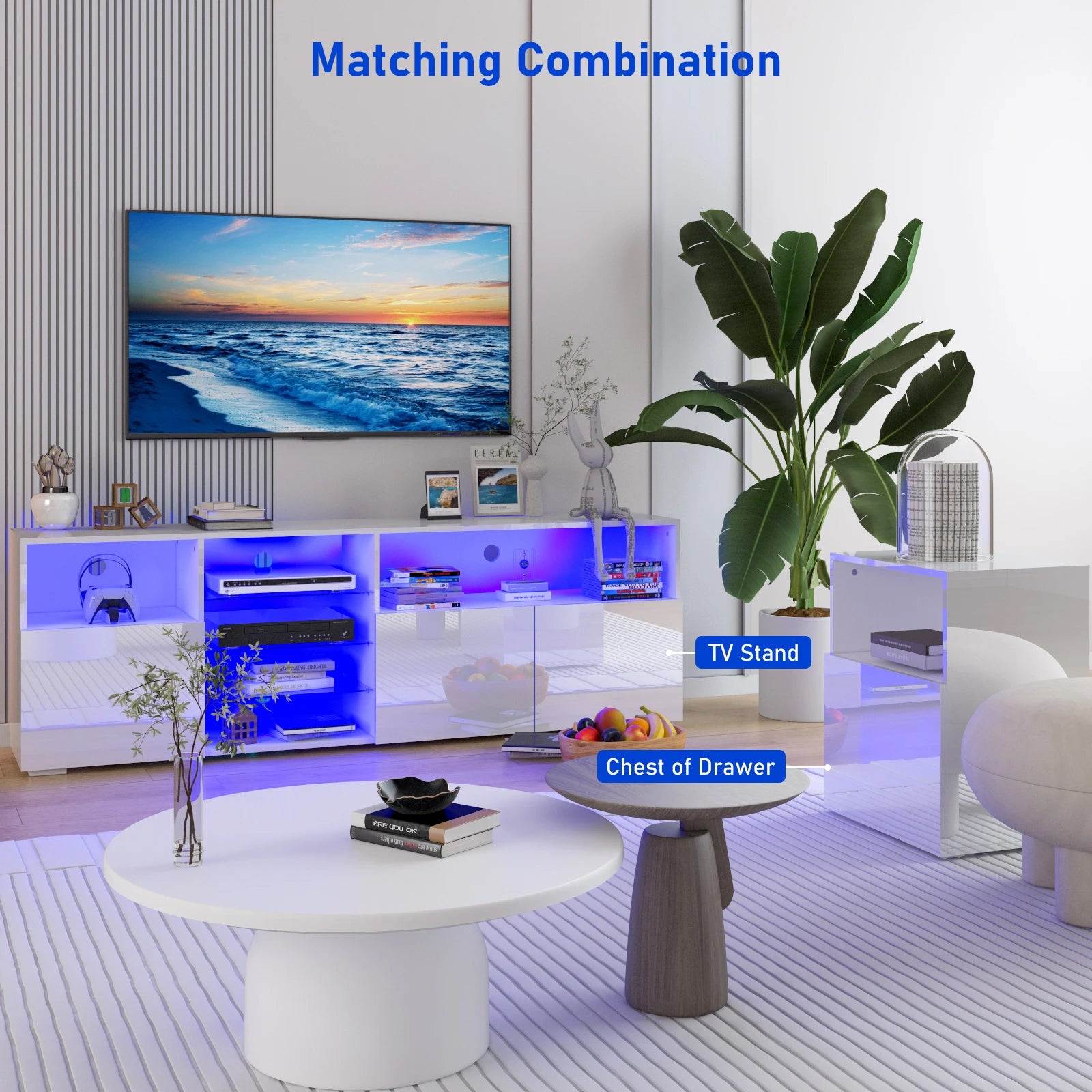 79" LED TV Stand for 75/80/85" TV,  High Gloss TV Cabinet w/Adjustable Storage Shelf, Modern Entertainment Center, White/Black
