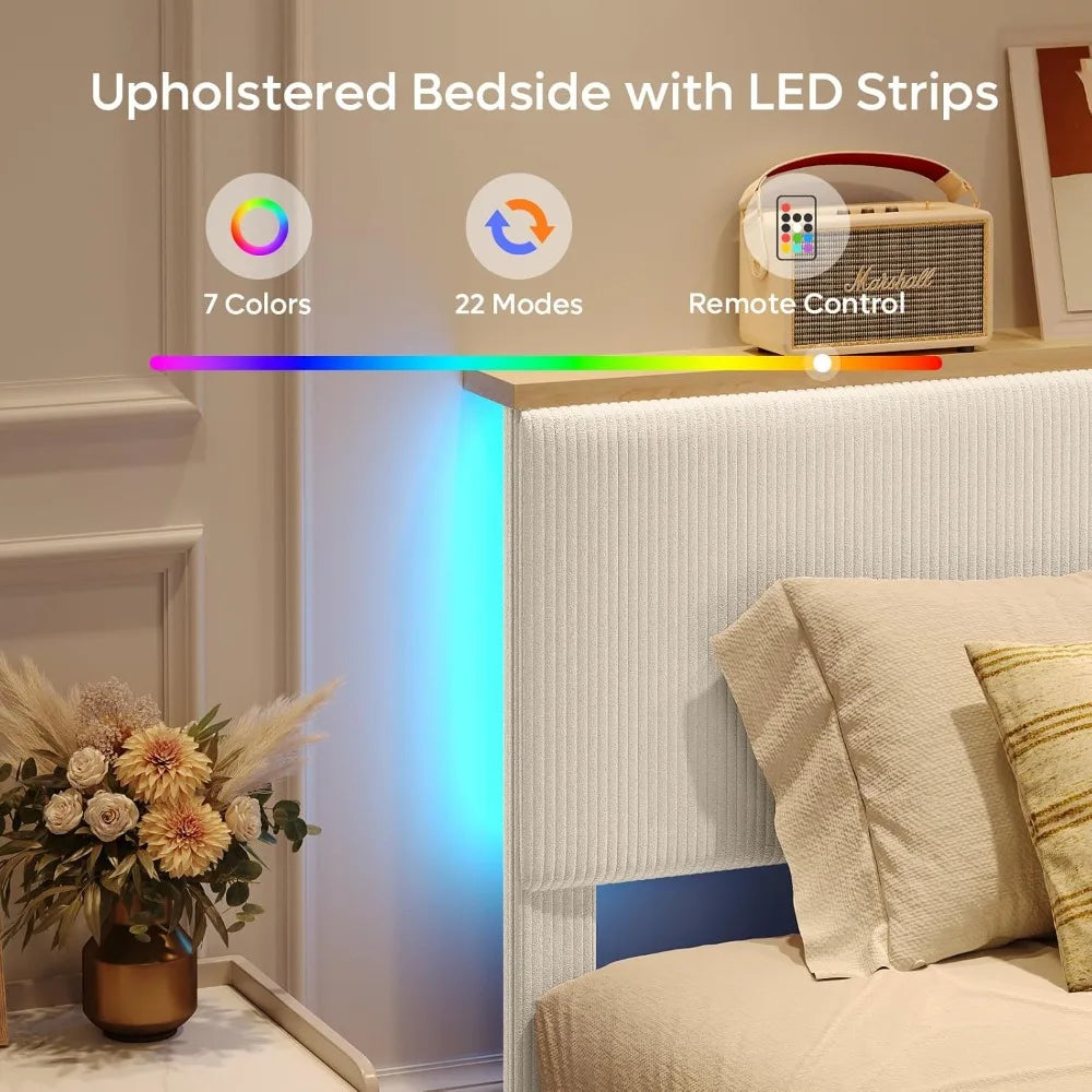 Full Bed Frame with Adjustable Headboard & LED Lighting, Corduroy Upholstered Platform Bed Frame with Storage Shelf,