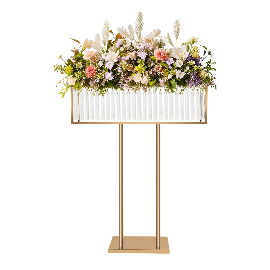 Gold Electroplated Iron Crystal Wedding Flower Stand 70×90cm DIY Floral Arrangement Holder Floor Tabletop Dual Use Crystal Chandelier Stand