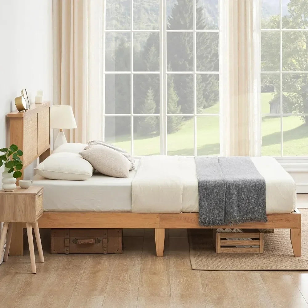 Rattan Bed Frame Queen with Natural Rattan Headboard, Queen Bed Frame with LED Lights, with Headboard, Solid