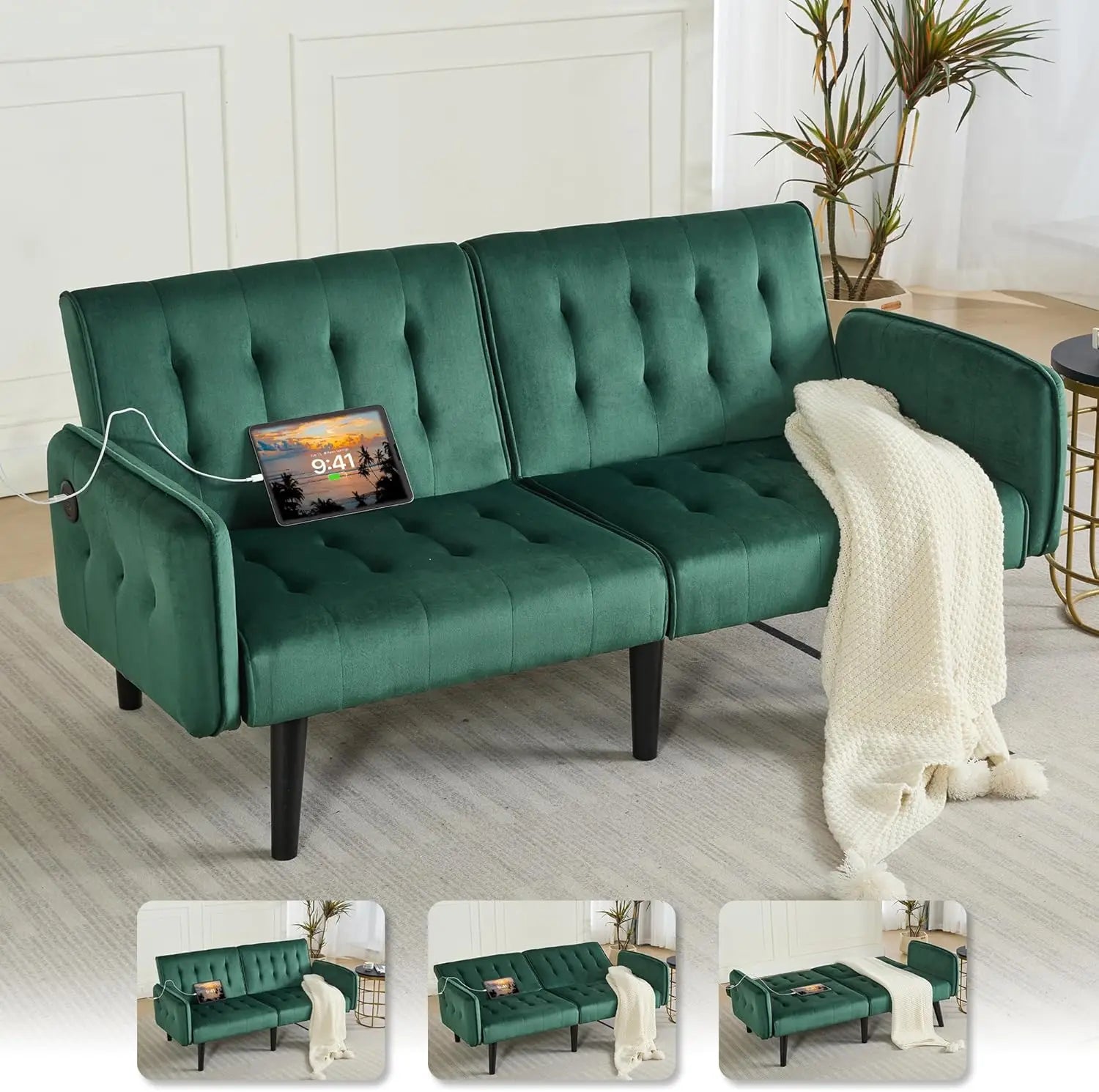 65-inch Wide Velvet Modern Convertible Futon Sofa Bed with USB Charging Ports and Arms, Ideal for Compact Living Spaces