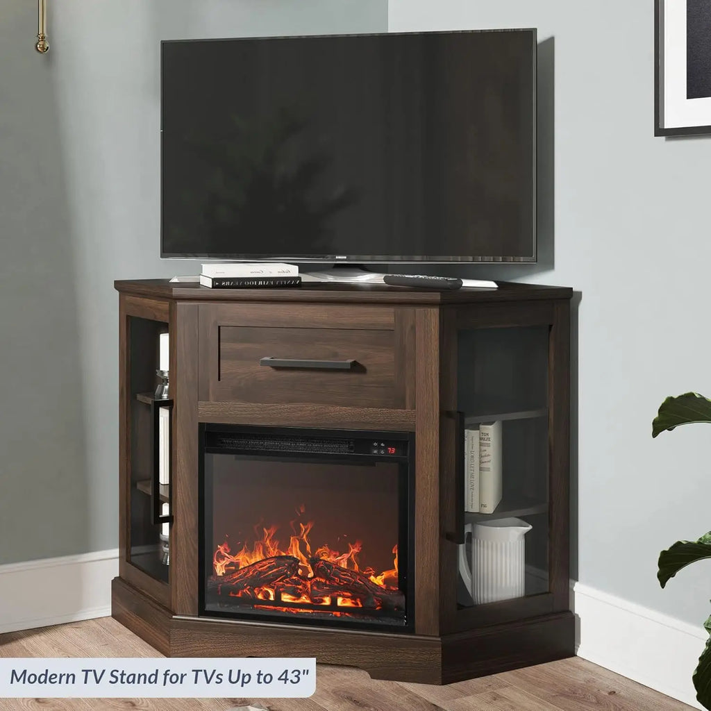 43" Corner TV Stand with 18" Electric Fireplace Heater for TVs up to 43", Modern Corner Wood Entertainment Center