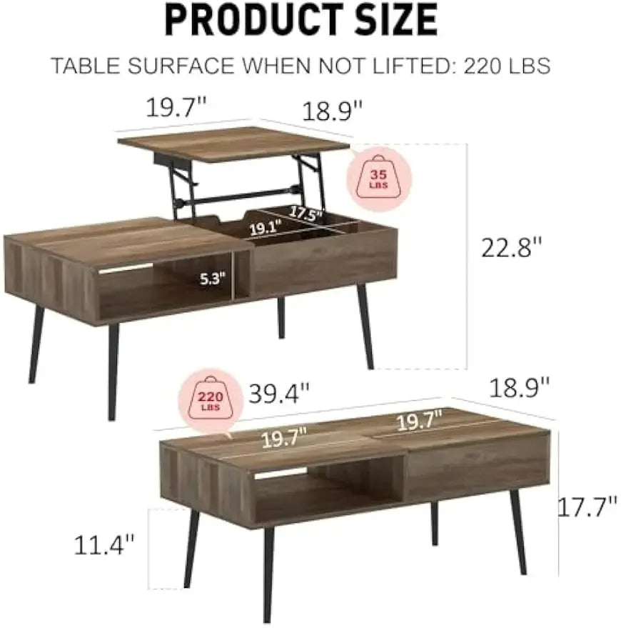 Coffee Table, 39" Lift Top Coffee Table with Hidden Compartment, Small Wooden Center Table for for Home, Living Room, Natural