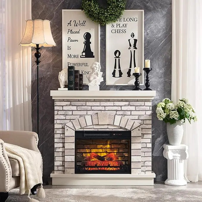42" Electric Fireplace with Mantel, Farmhouse Fireplace TV Stand w/23'' Freestanding Electric Fireplace Heater, Remote Control,