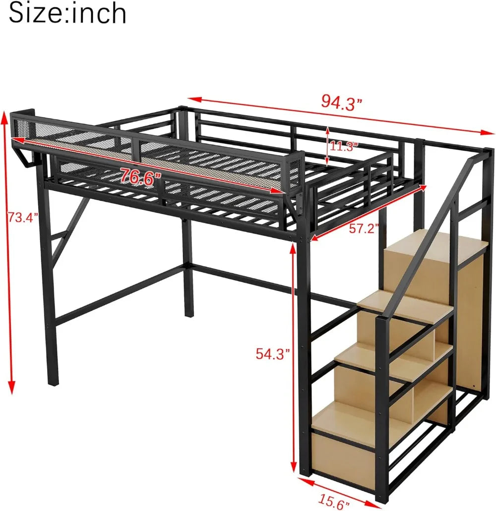 Full Size Metal Loft Bed with Staircase, Built-in Storage Shelves & Wardrobe, Easy Assembly, Black