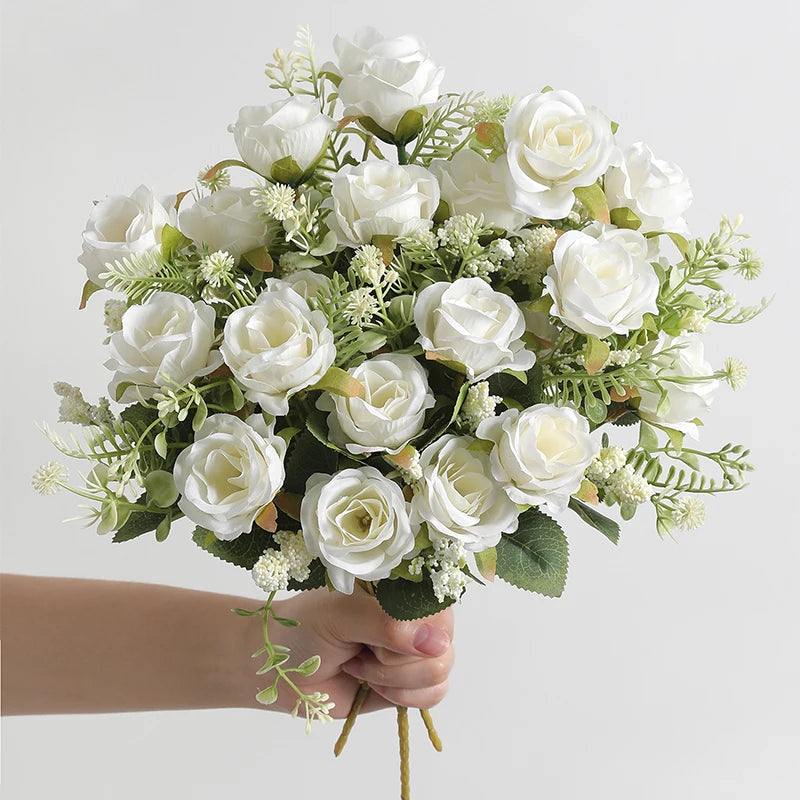 30cm Rose White Silk Bouquet/ Peony Artificial Flower/ 5 Big Head 4 Small Bud/ Wedding Brides/ Home Decoration Artificial Flower
