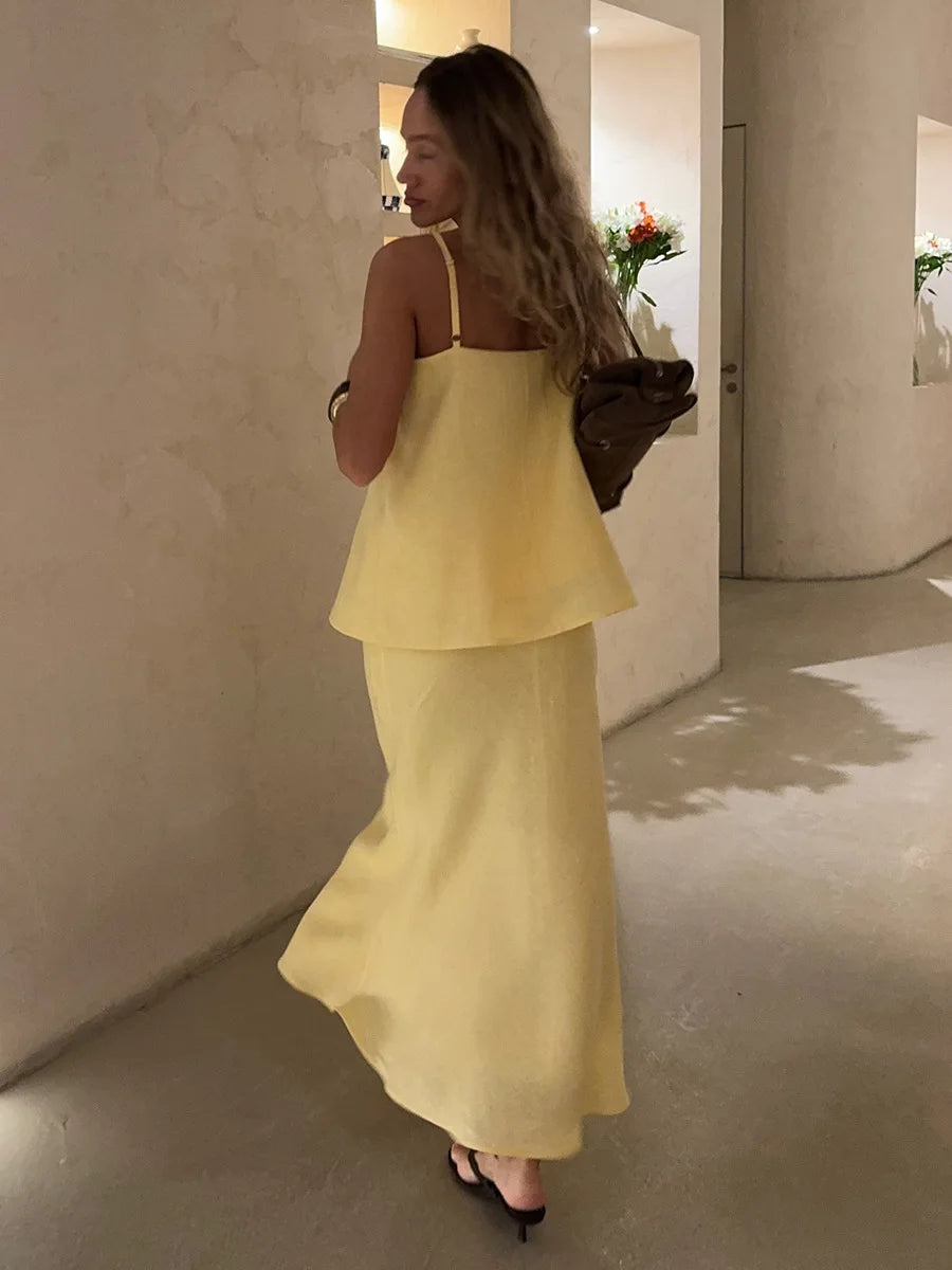 2026 Spring Summer New Cotton Women's Cami Skirt Set Elegant Lazy Cami Mermaid Maxi Skirt Two-Piece Outfit