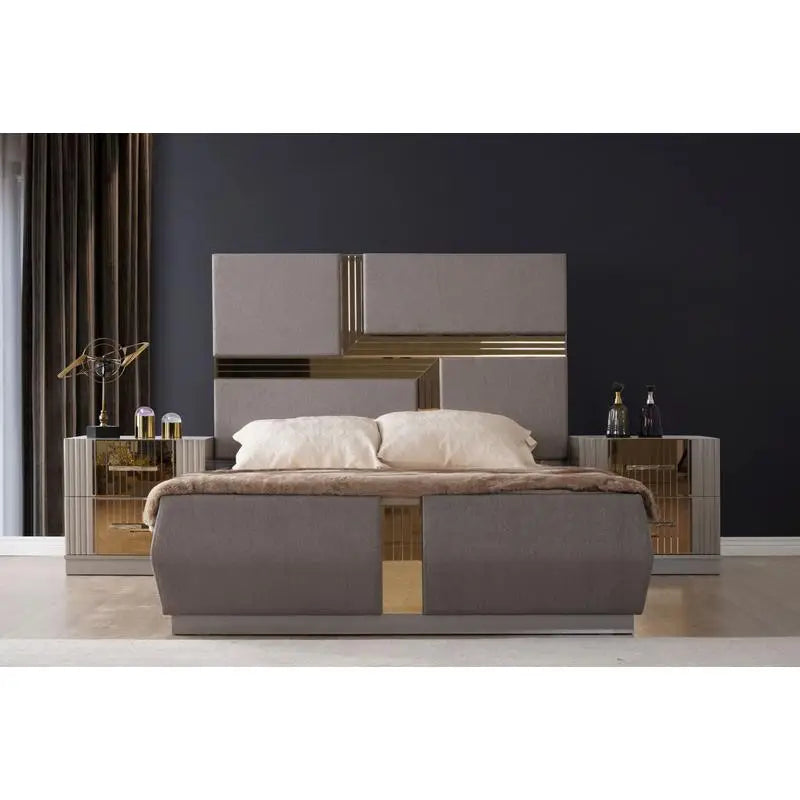 4-Piece Queen Bedroom Set in Gray, Wood Construction with Gold Accents