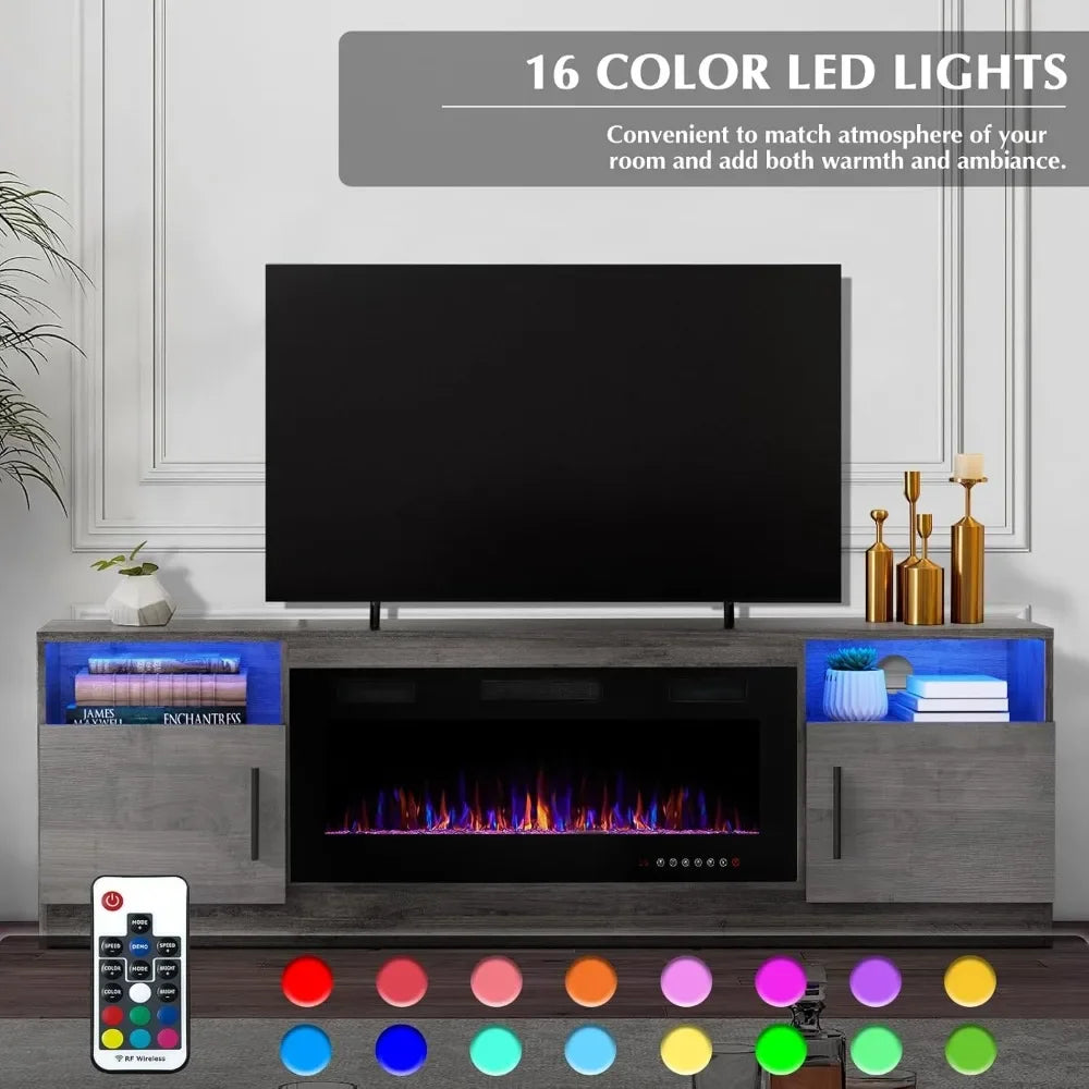 Popular-Fireplace TV Stand With 36" Fireplace Up To 80" TVs ,LED Light Entertainment Center And Storage