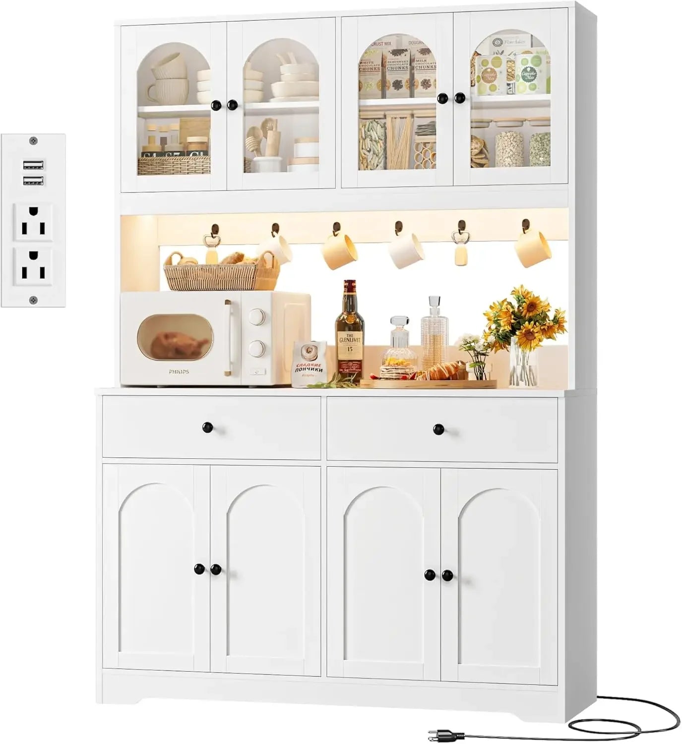 71" LED Kitchen Pantry Cabinet with Power Outlet, Large Kitchen Hutch Storage Cabinet with Arched Door & Shelves, 2 Drawers