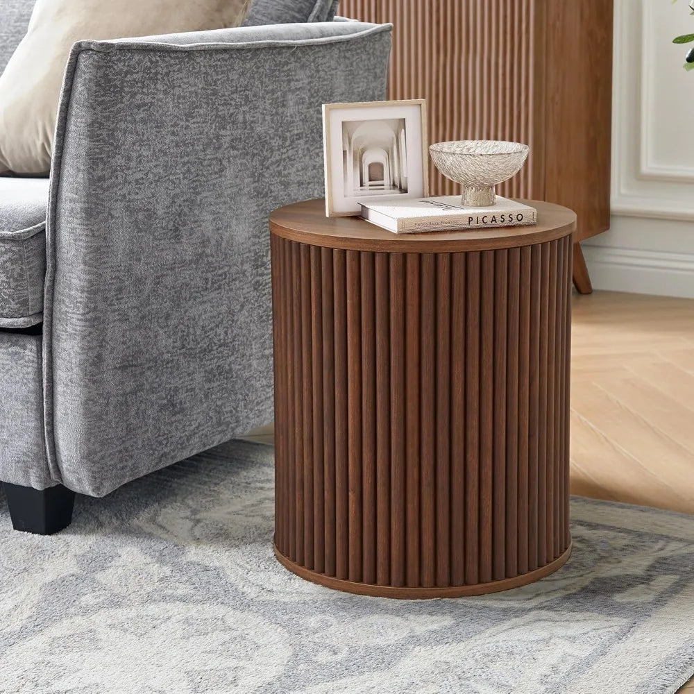 Pair of Mid-Century Modern Round Fluted Side Tables, 15.7 Wooden Nightstands with Storage for Bedside Use