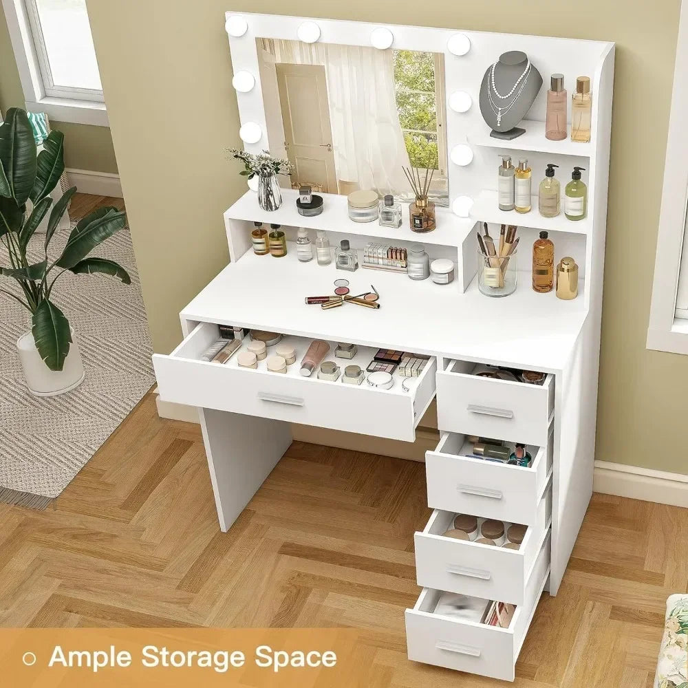 Makeup Vanity Desk with Mirror & Lights, 5 Drawers & Storage Shelves, Vanity Table, 3 Color Modes & Adjustable