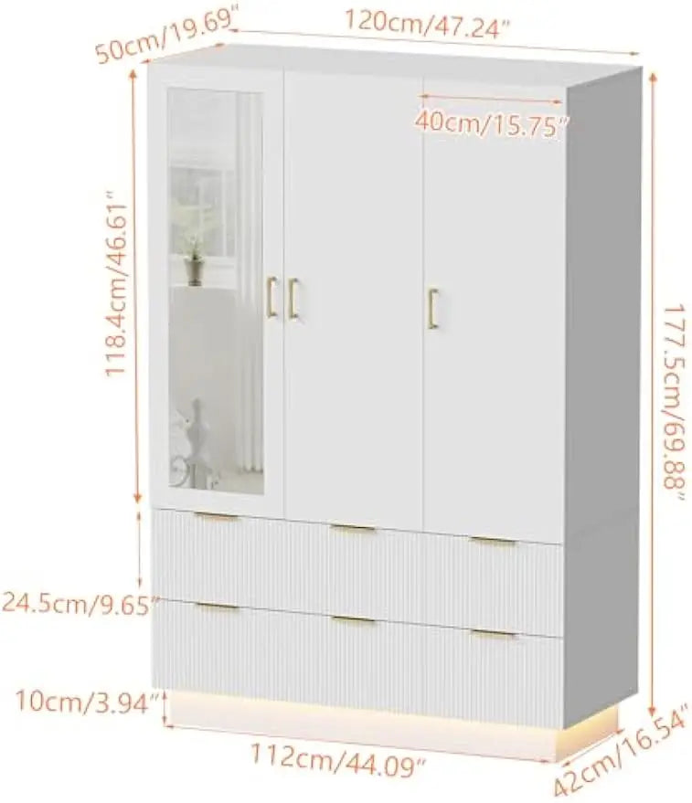 Armoire Wardrobe Closet with 3 Door, with Mirror and LED Lights, Hanging Rod, Drawers