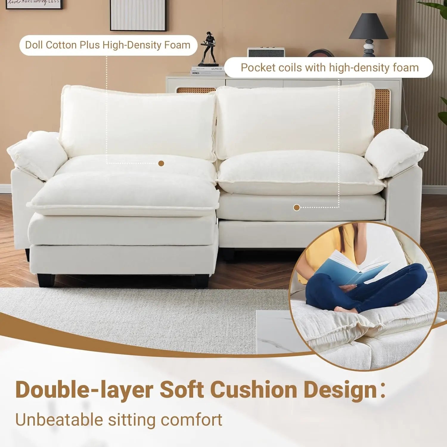 87" Convertible Sectional Sofa, L-Shaped Deep Seat Sofa Couch for Living Room, for Small Space (Creamy White)