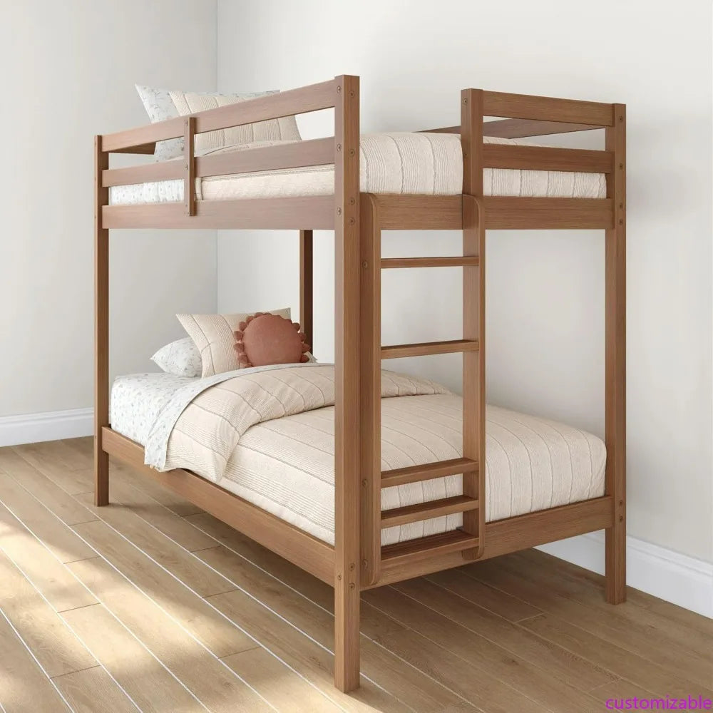 Durable Twin-Over-Twin Kids Bunk Bed with Plywood Construction, Ladder, Guardrail, and Slatted Support