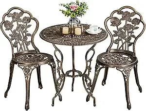 3-Piece Outdoor Bistro Set w/Rose Design, Rust-Resistant Cast Aluminum Table and Chairs w/Umbrella Hole for Balcony, Backyard, Garden