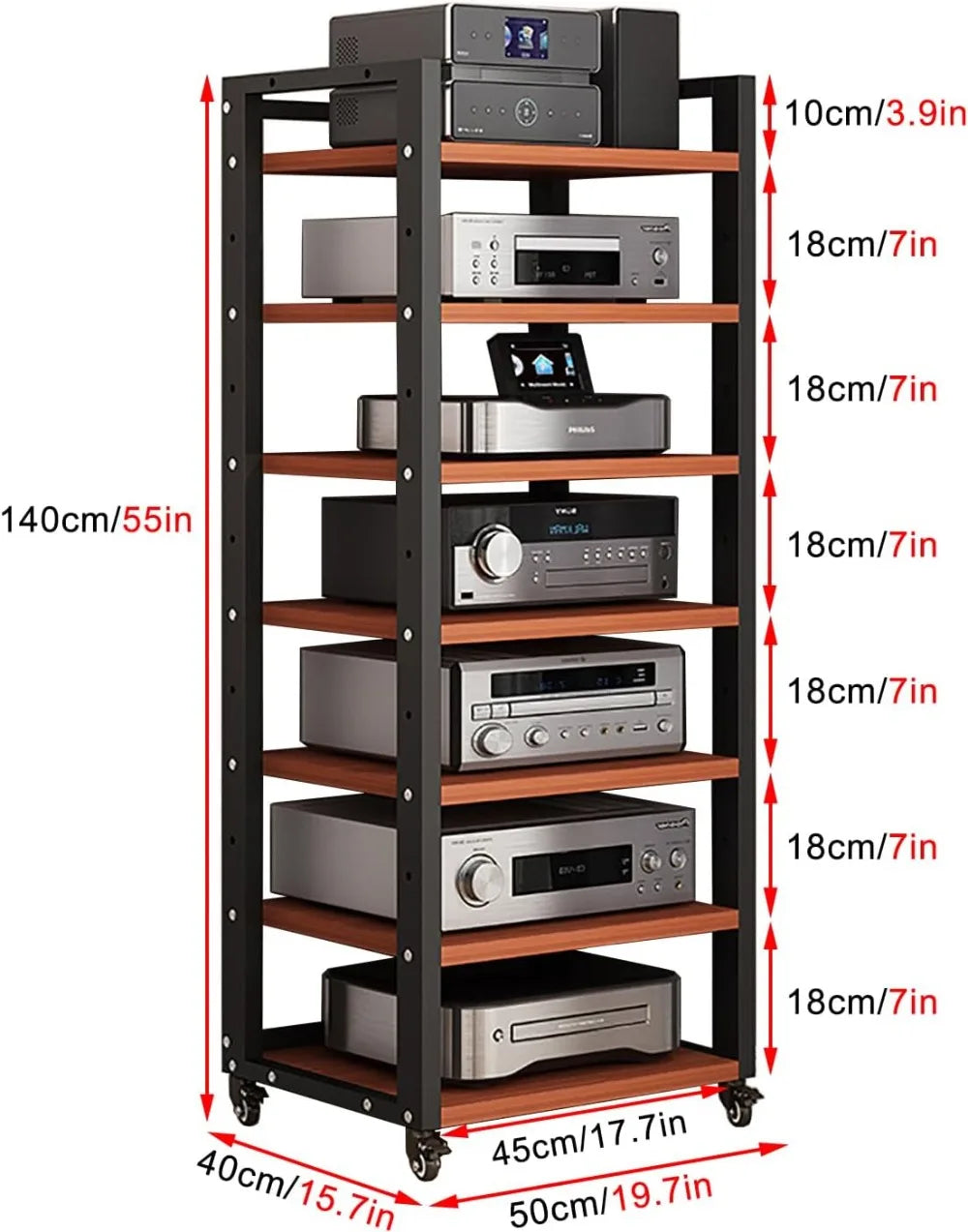 7-Tier Heavy Duty Audio Video Rack, Adjustable Shelves, 360° Wheels, HiFi Stereo Cabinet for Home Office