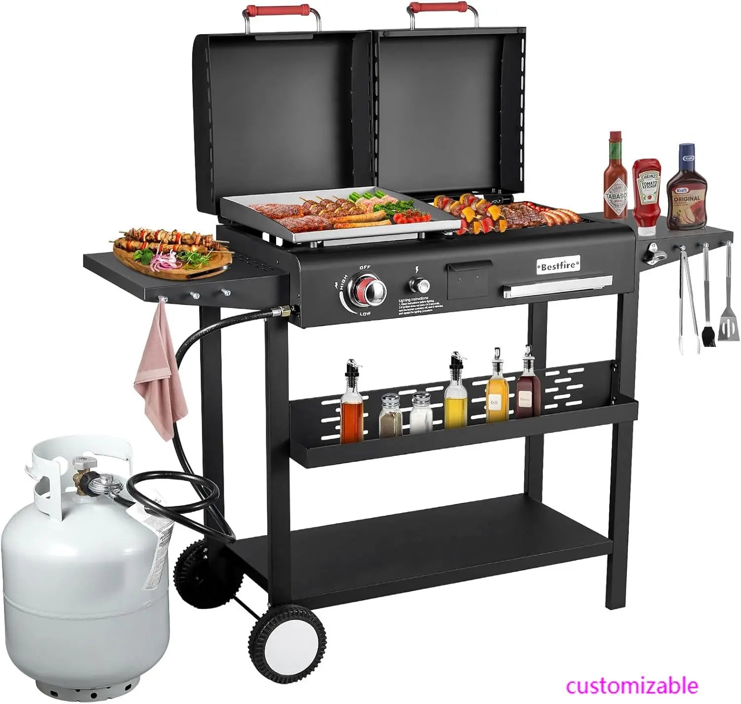 Dual Fuel Propane Gas Charcoal Grill Combo Black Dual Lids, Flat Top Grill With 2 Side Shelves for BBQ, Outdoor and Backyard