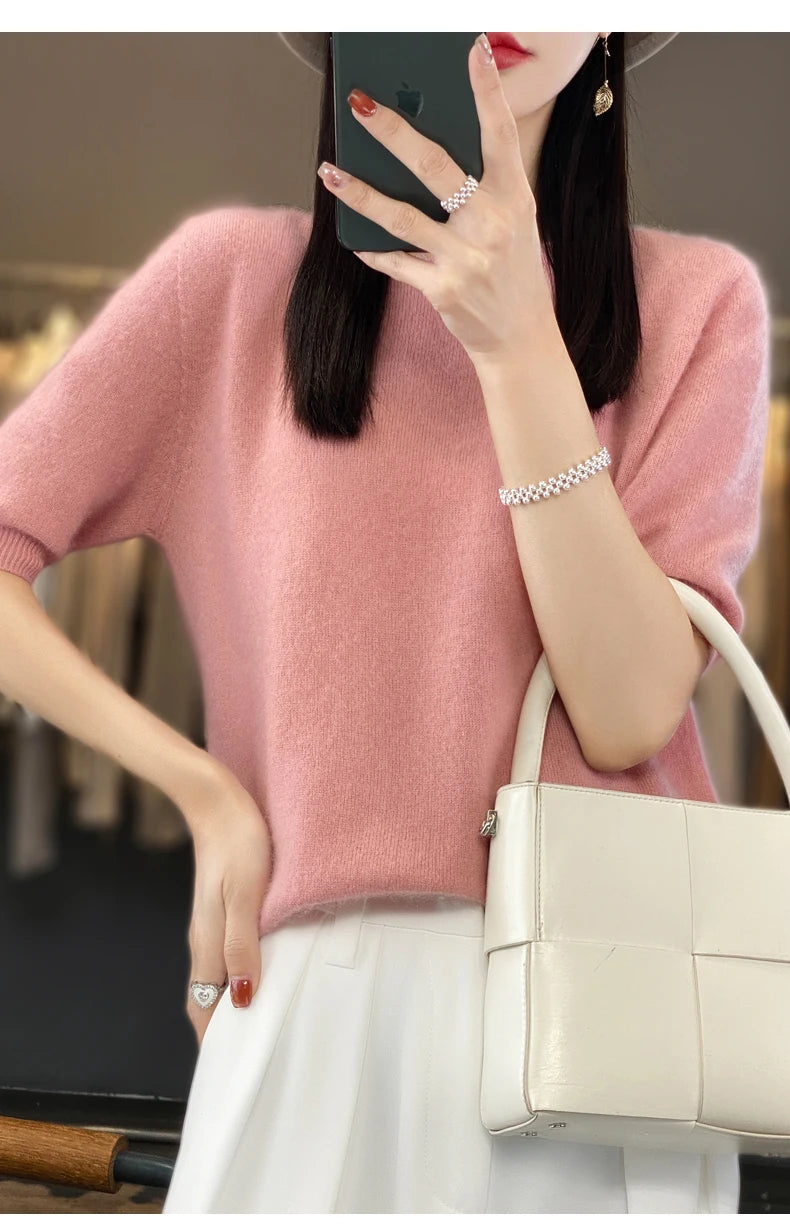 100% Merino Wool Women's O Neck Knitted  Pullover, Short Sleeve Sweater, Women's Basic Solid Color/ Half Sleeve