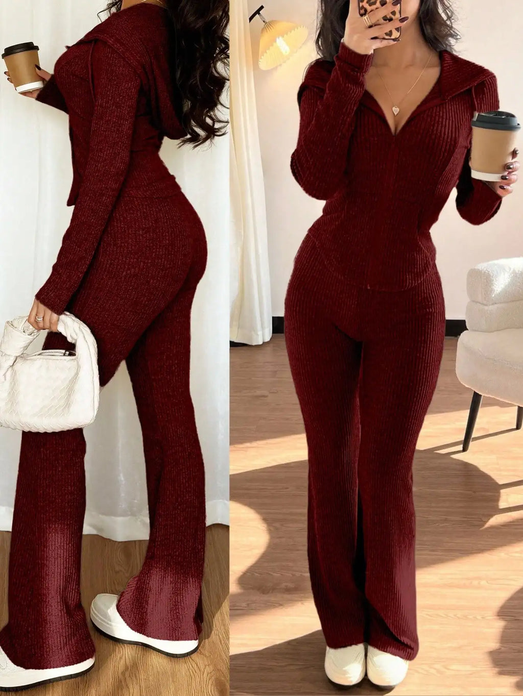 Women's Ribbed Knit Hooded Zip-Up Sweatshirt & Flare Pants/ 2-Piece Set for Autumn/ Winter/ Casual Wear
