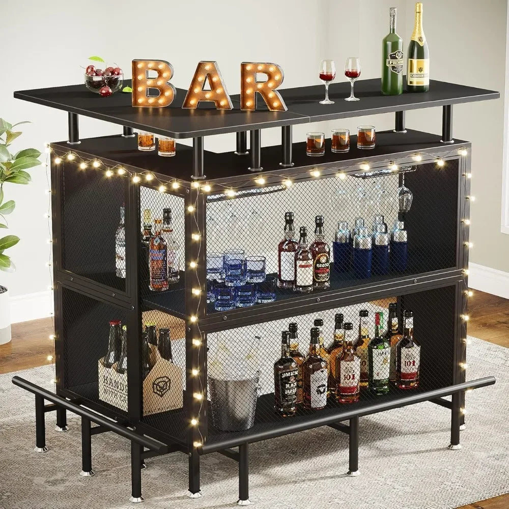 Home Bar Unit, L-Shaped Bar Table with Stemware Racks and 2-Tier Shelves, Corner Mini Coffee Liquor Cabinet with Footrest