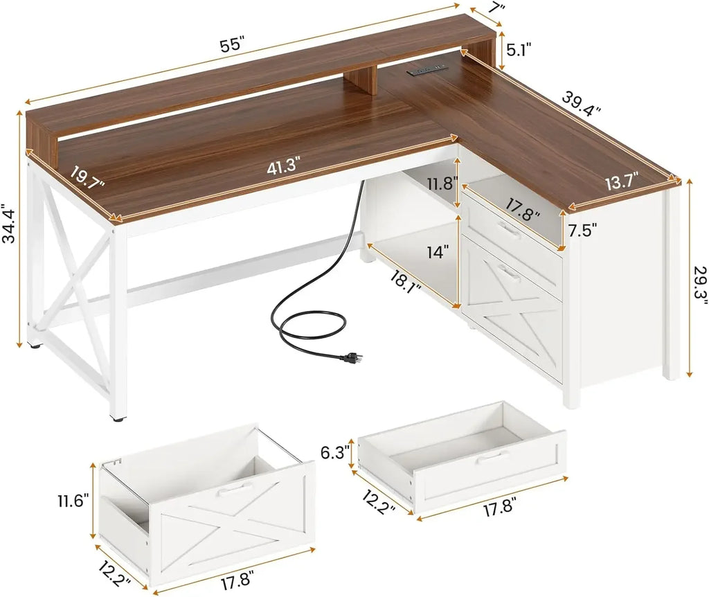 High Quality  Farmhouse L Shaped Desk, 55" Home Office Desk with Drawers and Storage Shelves, L Shaped Gaming Desk with LED Lights