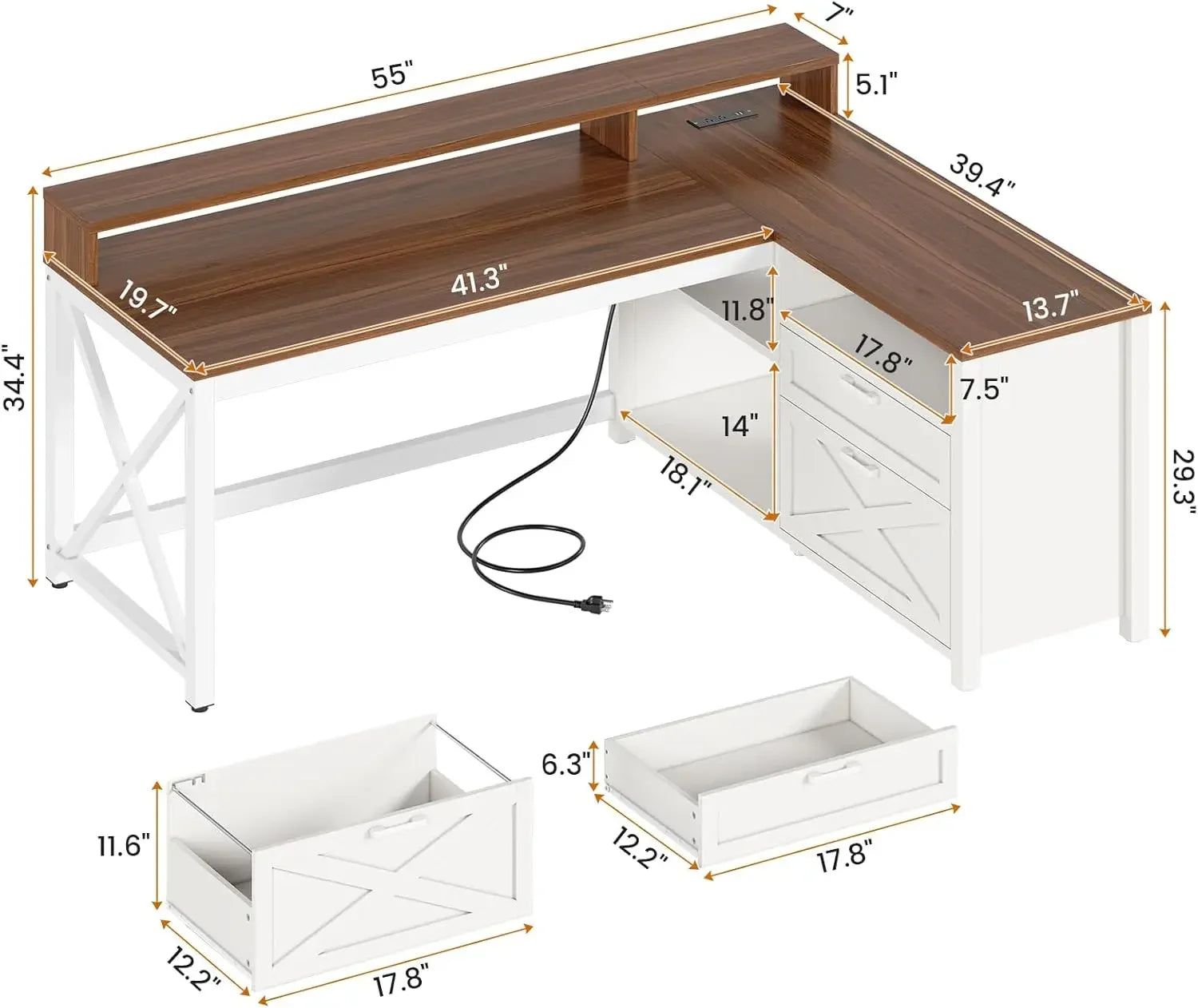 High Quality  Farmhouse L Shaped Desk, 55" Home Office Desk with Drawers and Storage Shelves, L Shaped Gaming Desk with LED Lights