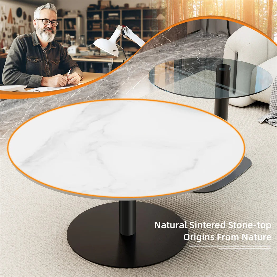 LUVODI Modern Round Marble Coffee Table Set of 2 Living Room Center Table Sofa Side Desk with Black Glass End Table w Metal Legs