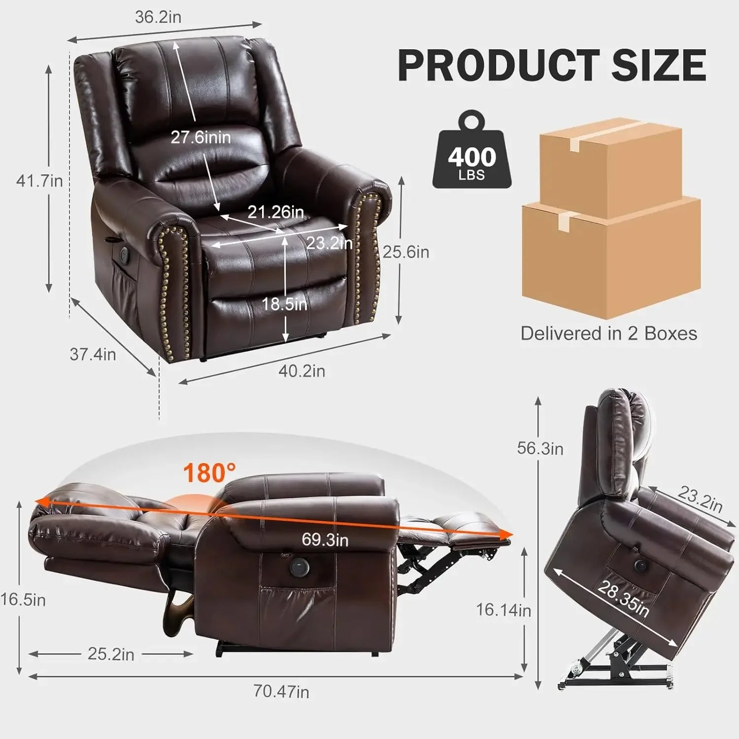 Dual Motor Lay Flat Lift Chairs Recliners for Elderly with Massage and Heat, Breathable Leather