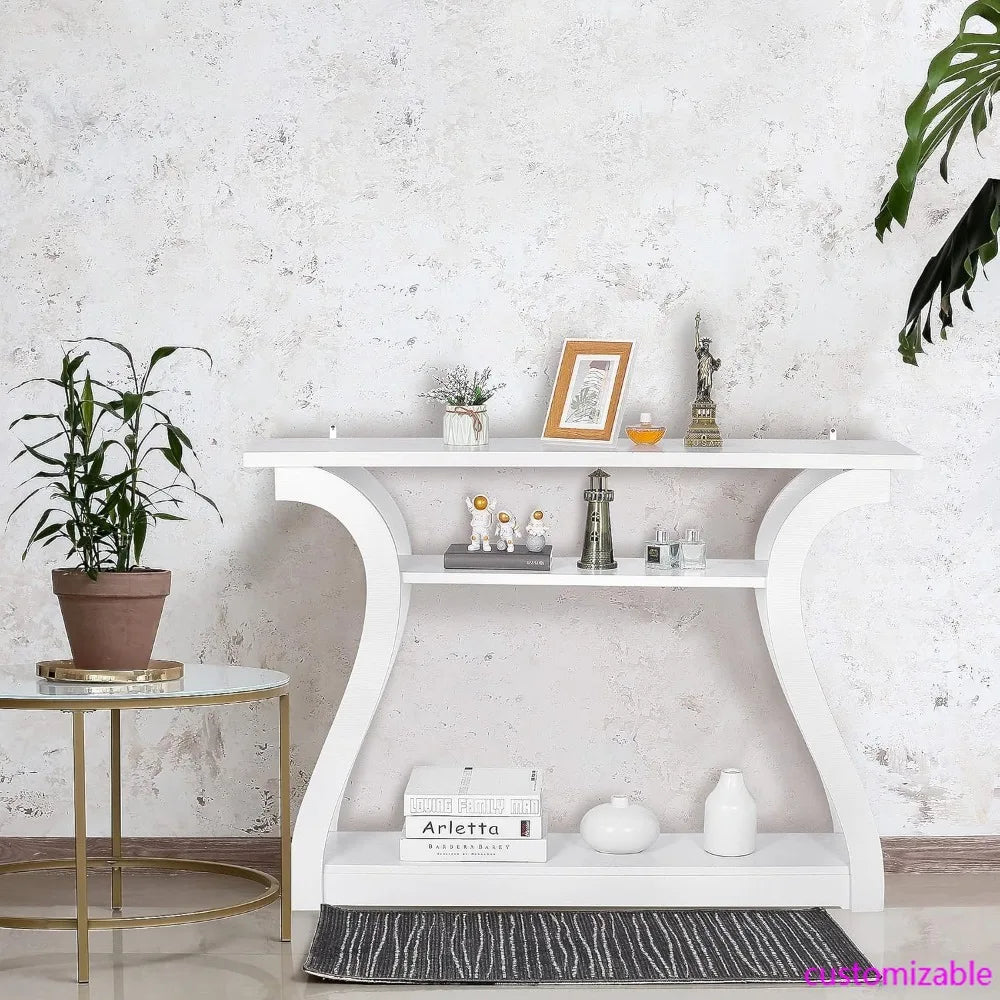 Wood Console Table for Entryway, 3 Tier Sofa Table with Curved Frame and 2 Open Storage Shelves, Narrow Table for Hallways