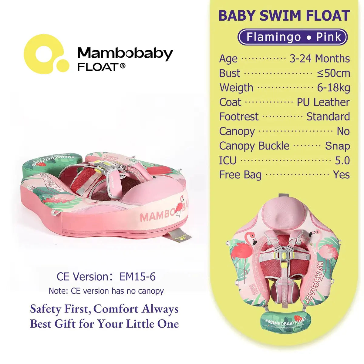 Gentle Skin-Safe Flamingo Air-Free Chest Float with Flat Canopy B503-143-W-Z Baby Swimming Ring Infant Water Circle