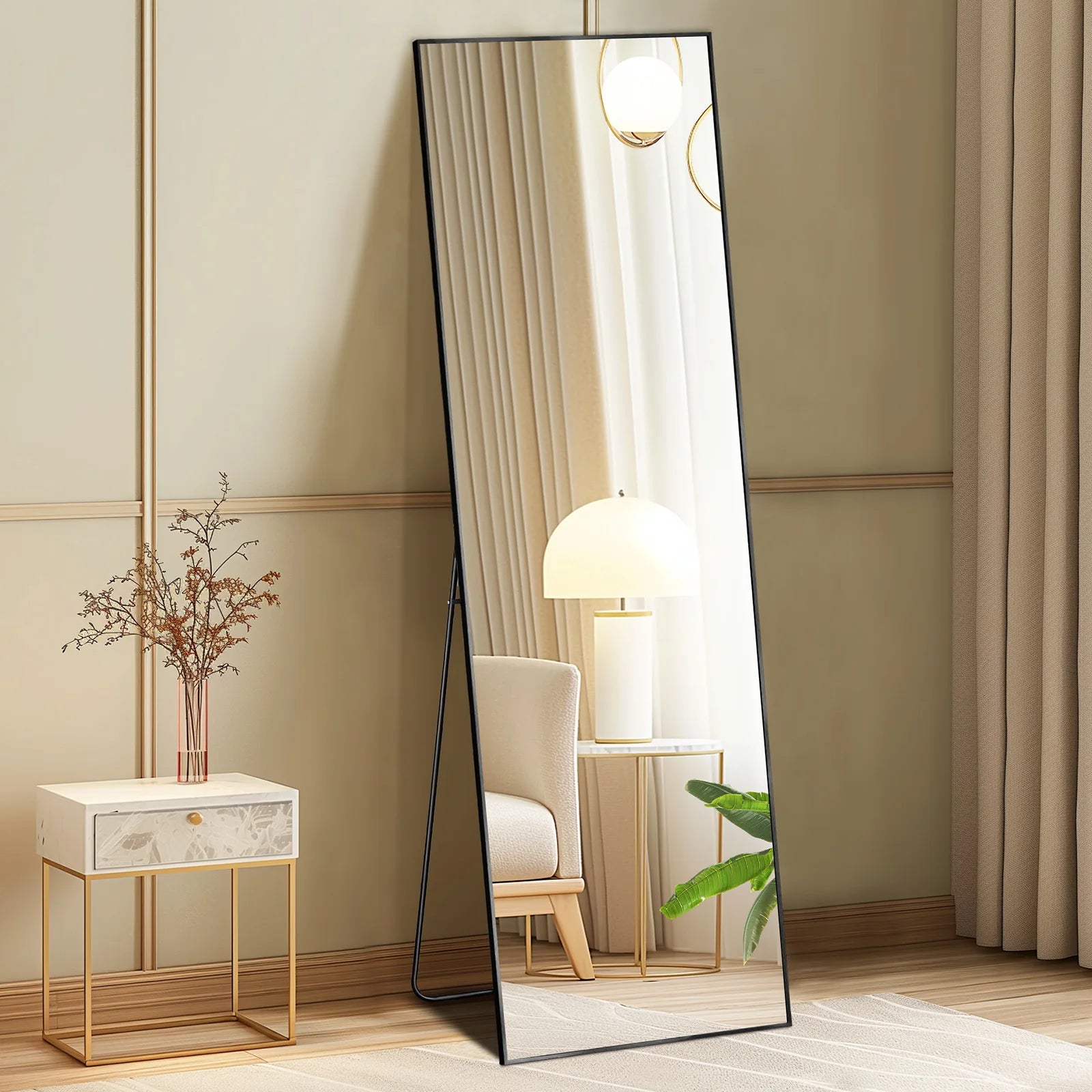 64"x21" Full Body Wall Mirror Standing, Hanging, or Leaning Wall-Mounted Mirrors with Stand Aluminum Alloy Frame/ Living Room