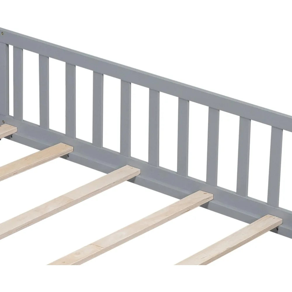 Wooden Full Size Floor Bed Frame with Fence And Door for Kids/ Toddler Bed with Support Slats Girls Boys