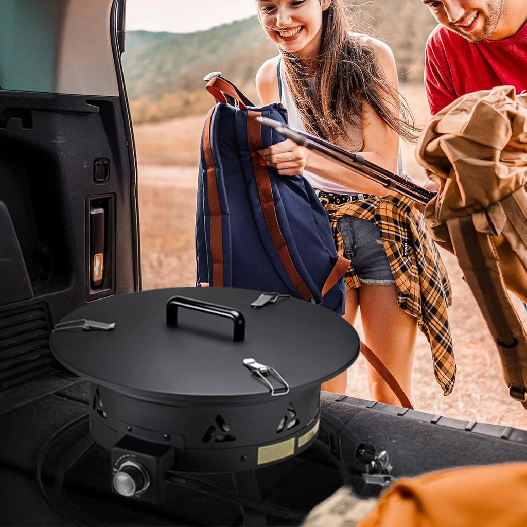 Portable Propane Fire Pit, 19-Inch Diameter Outdoor Gas Fire Pit with Cover & Lava Rocks, Adjustable Flame Height Camping