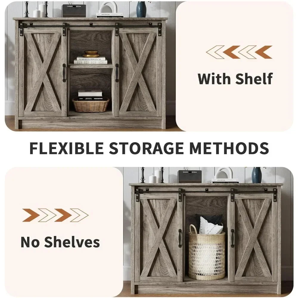 Farmhouse Coffee Bar Cabinet with Sliding Barn Door, 42” Coffee Bar Table with Adjustable Shelves, Buffet Cabinet with Storage