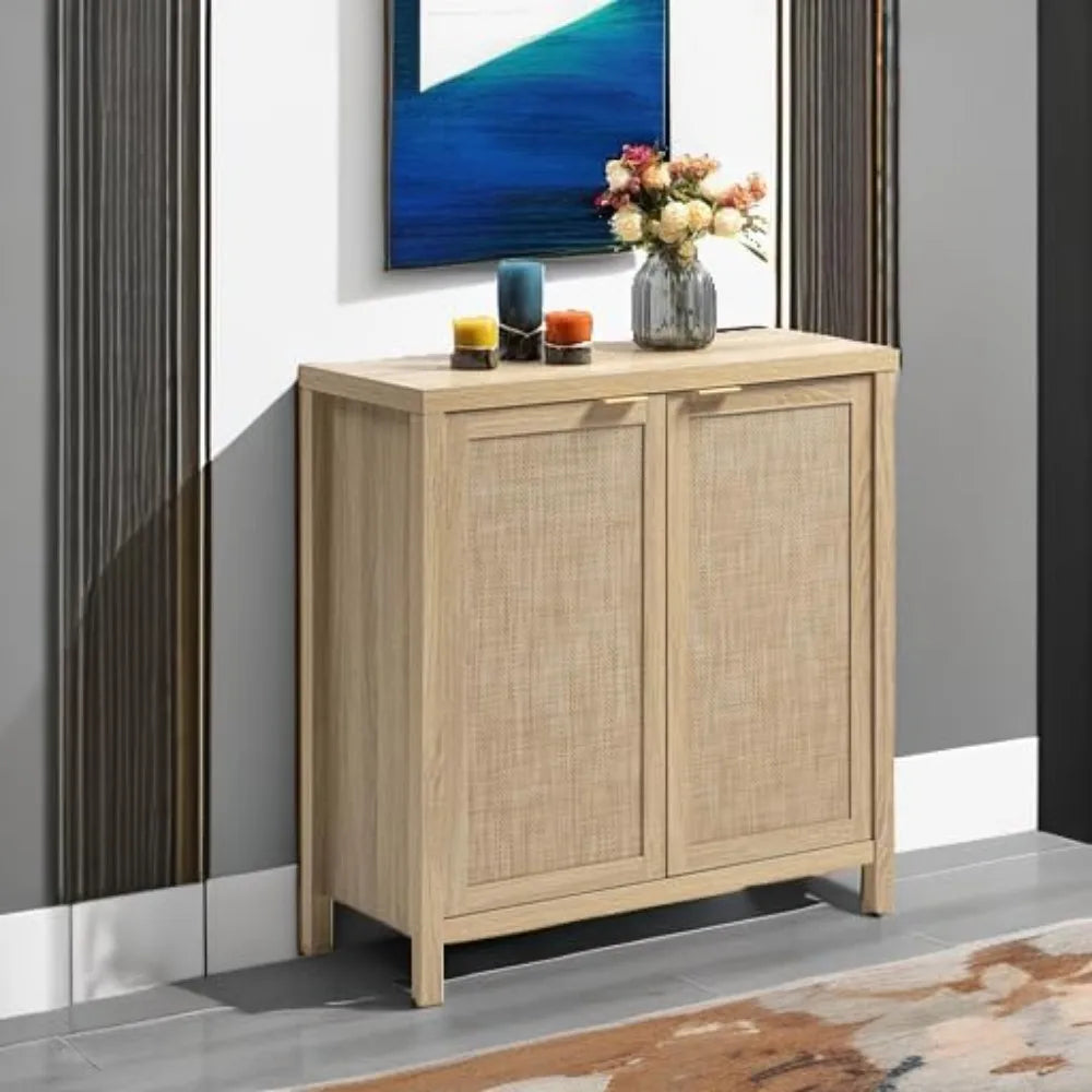 Rattan Sideboard Buffet Cabinet - Boho Large Credenza Storage Coffee Bar Cabinet with Rattan Storage, Buffet Console/ Accent Table