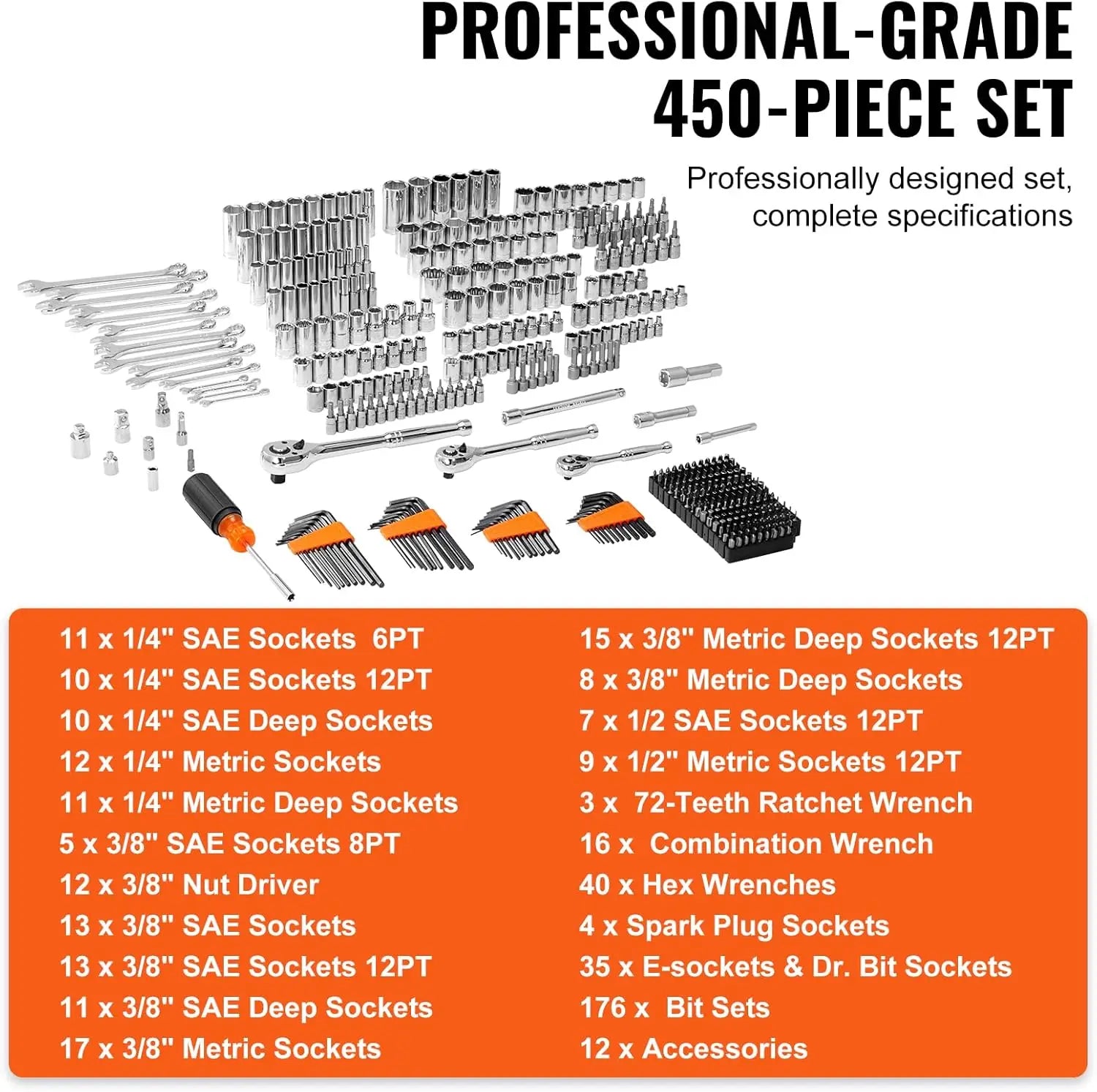 Mechanics Tool Set and Socket Set, 1/4" 3/8" 1/2" Drive Deep and Standard Sockets, 450 Pcs SAE and Metric Mechanic Top