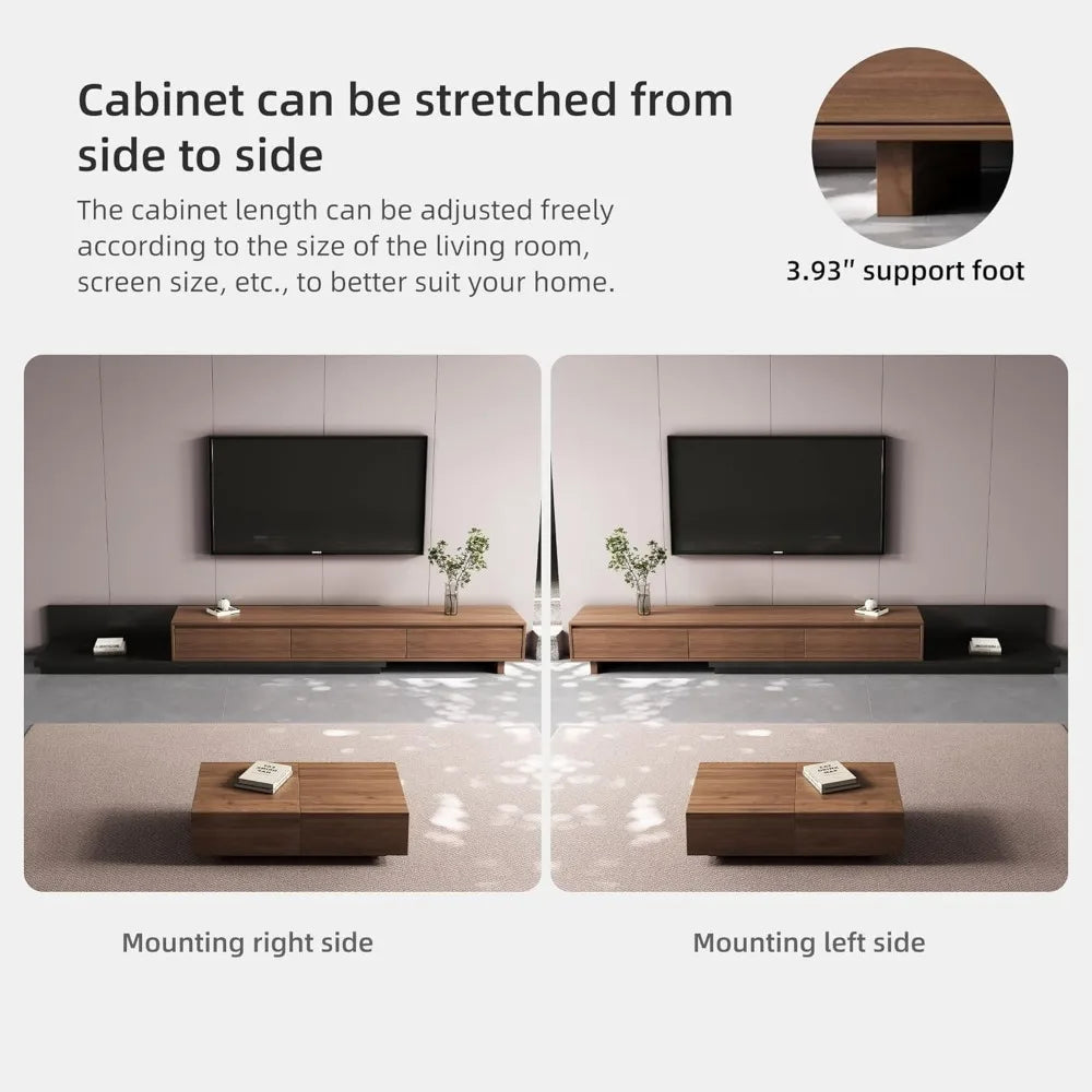 Mid-Century Modern Expandable TV Stand with 3 Drawers – Adjustable Entertainment Center for Living Room & Bedroom (79" to 130"),