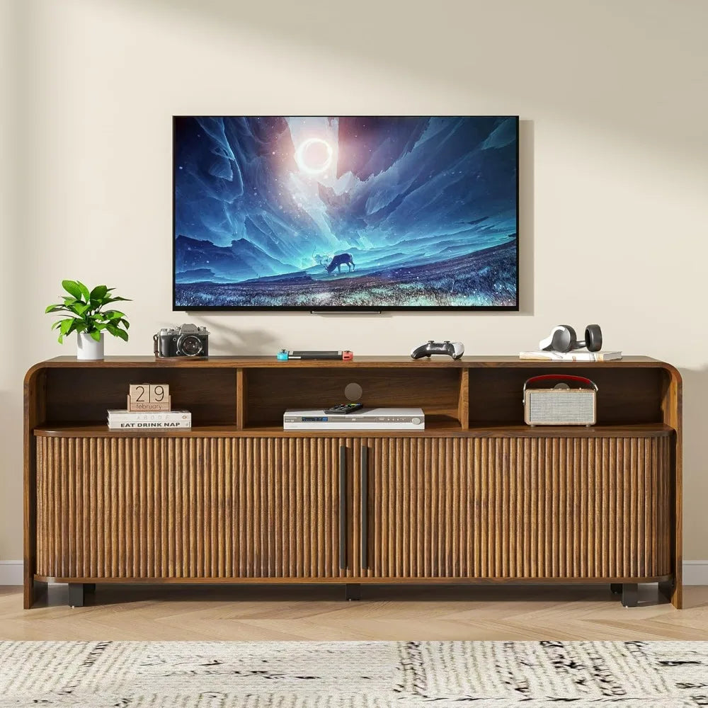 Mid-Century Modern Wood TV Stand for 75-80" TVs, Storage-Friendly Entertainment Center Console