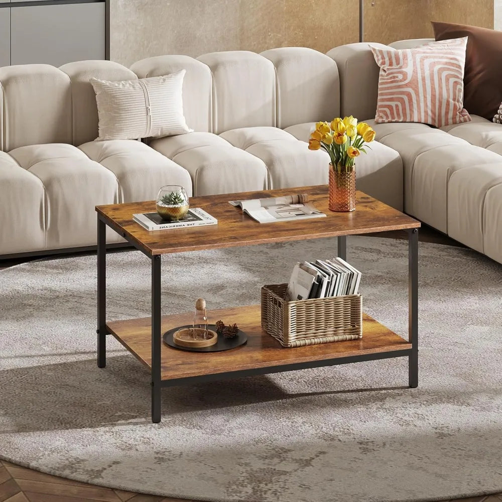 Modern Industrial Style Living Room Coffee Table with Storage Shelf and Metal Frame, 2-Tier Wooden Center