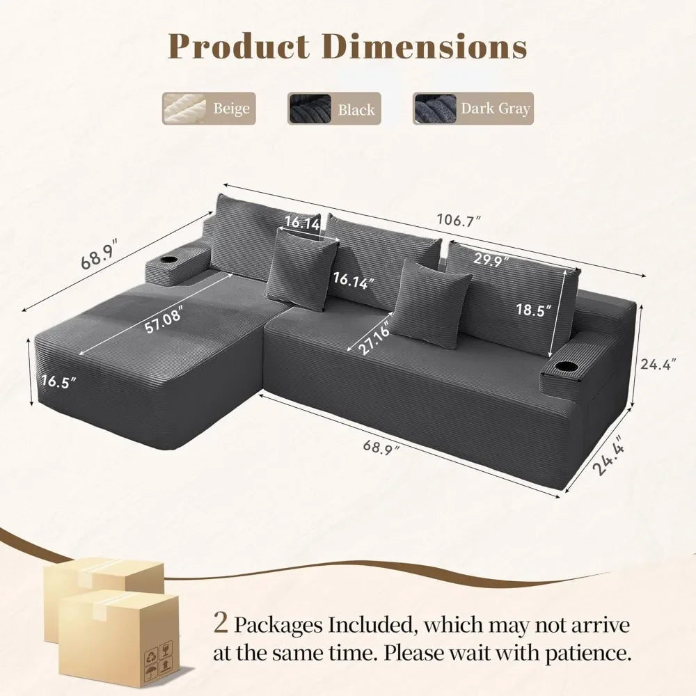 Cloud Sectional Couch Corduroy L-Shape Chaise Modular Sofa Deep Seat Boneless Couch Upholstered Living Room Furniture