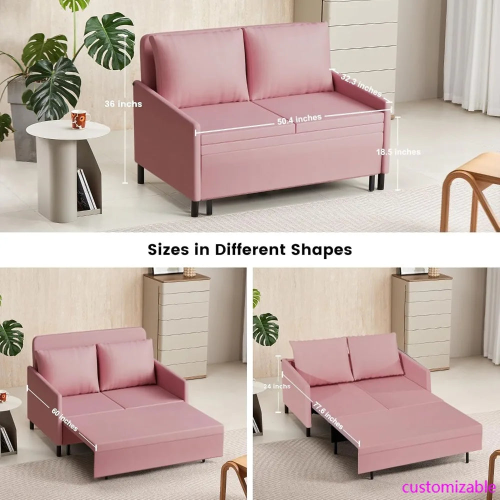 3-in-1 convertible sleeper sofa, loveseat sofa couch with pullout bed and storage for living room, bedroom, balcony, rv, flanne