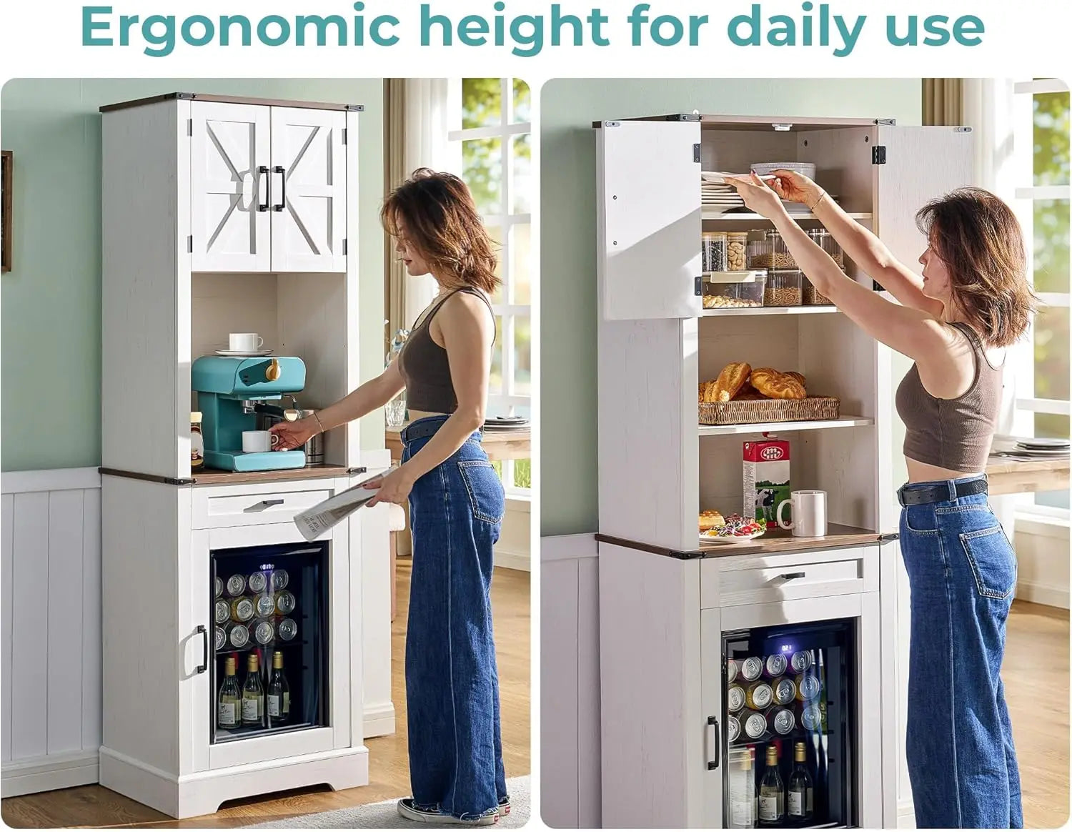 Bar Cabinet with Fridge (Included), 69" Farmhouse Wine Cabinet with Storage Drawers & Adjustable Shelves