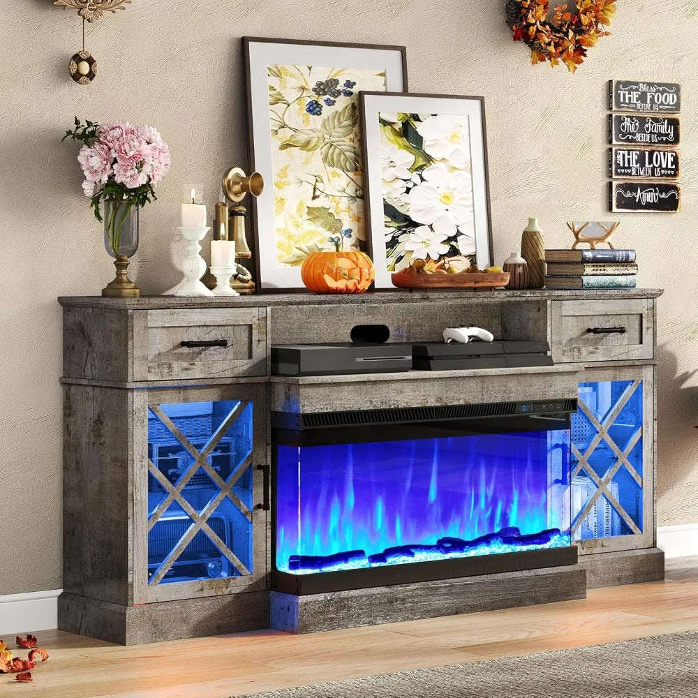 Farmhouse LED Fireplace TV Stand with 3-Sided Glass Fireplace, 70" Large Entertainment Center for TVs up to 80", Rustic TV Console
