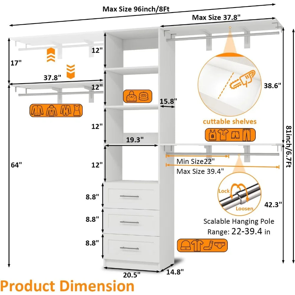 Closet System with Drawers, 5FT-8FT Closet Organizer System with Shelves & Expandable Hanging Rods