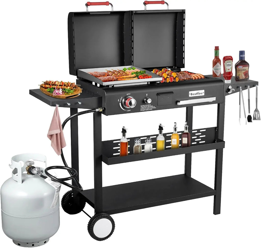 Dual Fuel Propane Gas Charcoal Grill Combo Black Dual Lids, Flat Top Grill With 2 Side Shelves for BBQ, Outdoor and Backyard