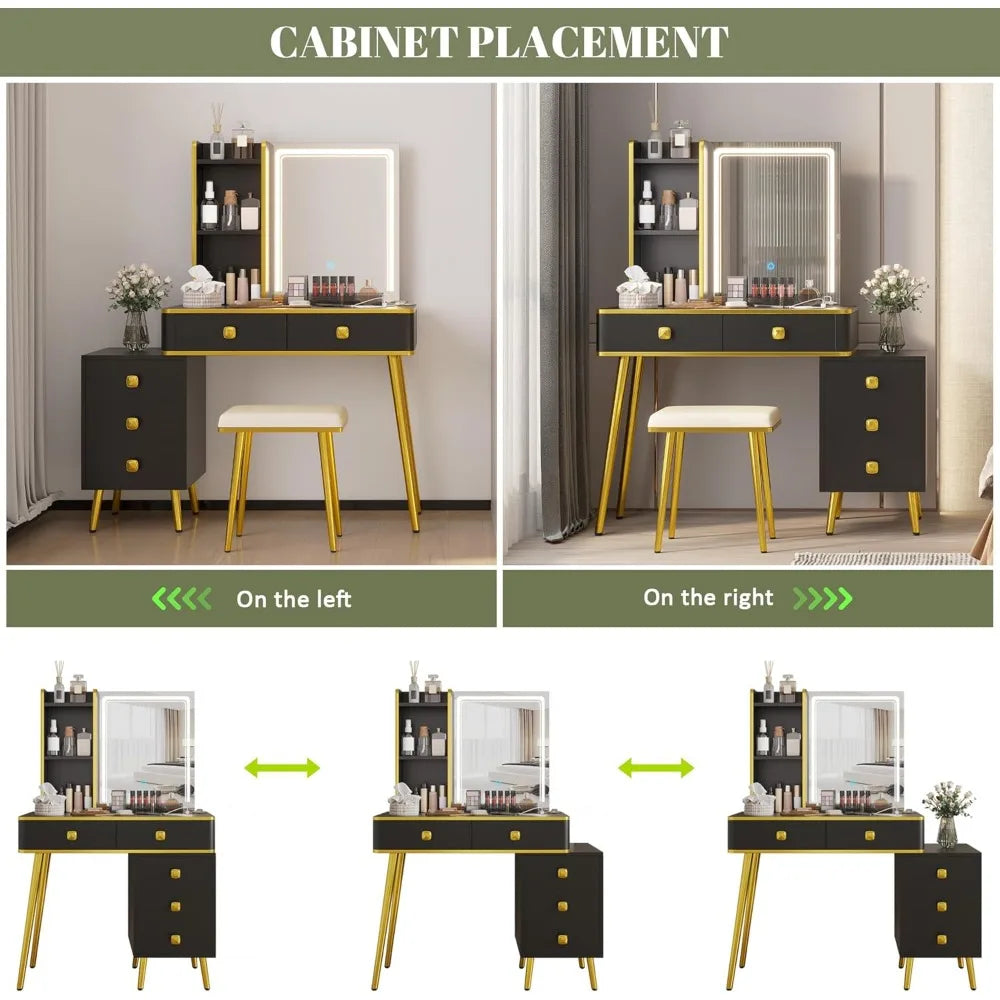 Luminated Makeup Vanity Desk with 3-Color LED Lights, Charging Port, 5 Drawers, and Storage Shelves