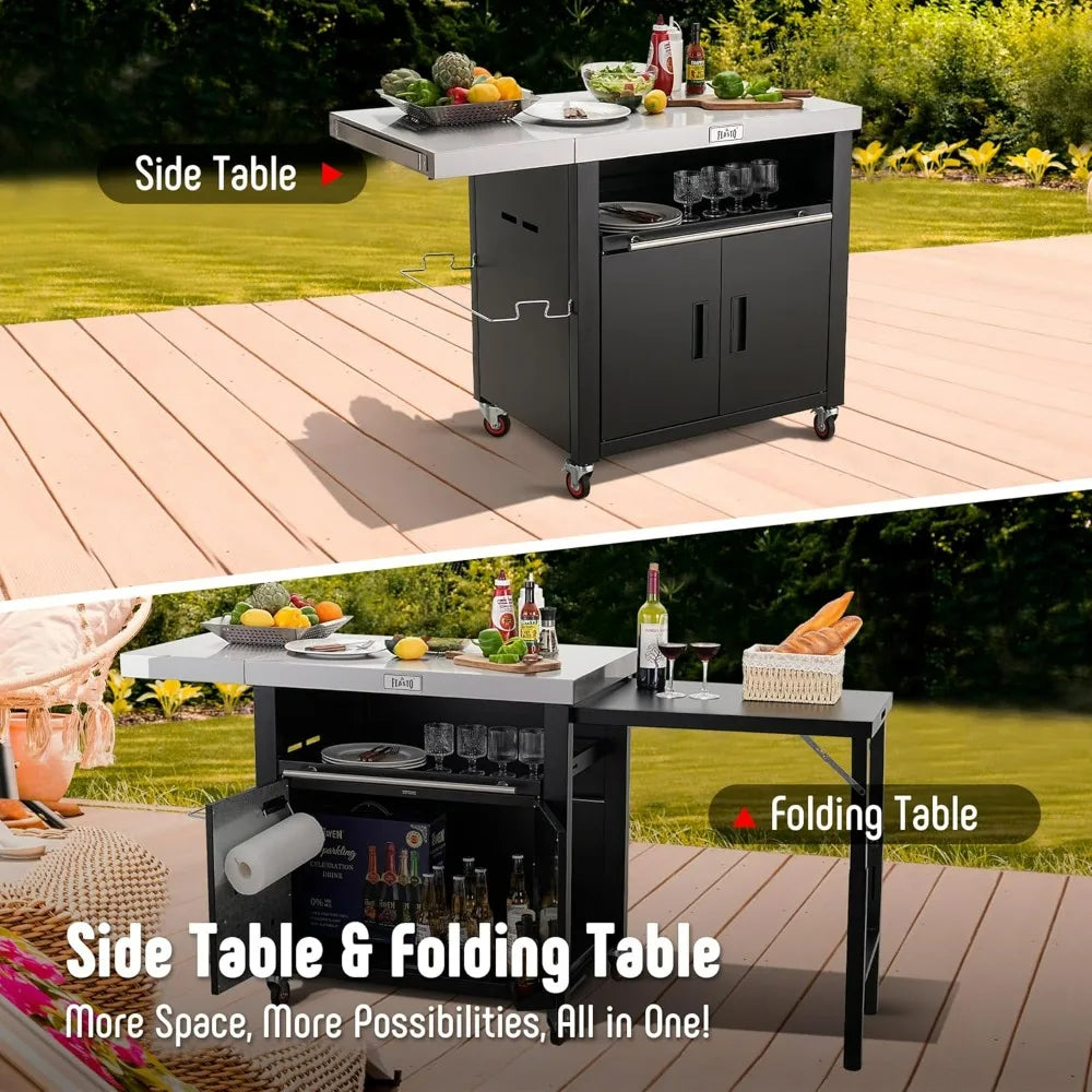 Stainless Steel Outdoor Kitchen Grill Table with Foldable Side Tables and Cabinet
